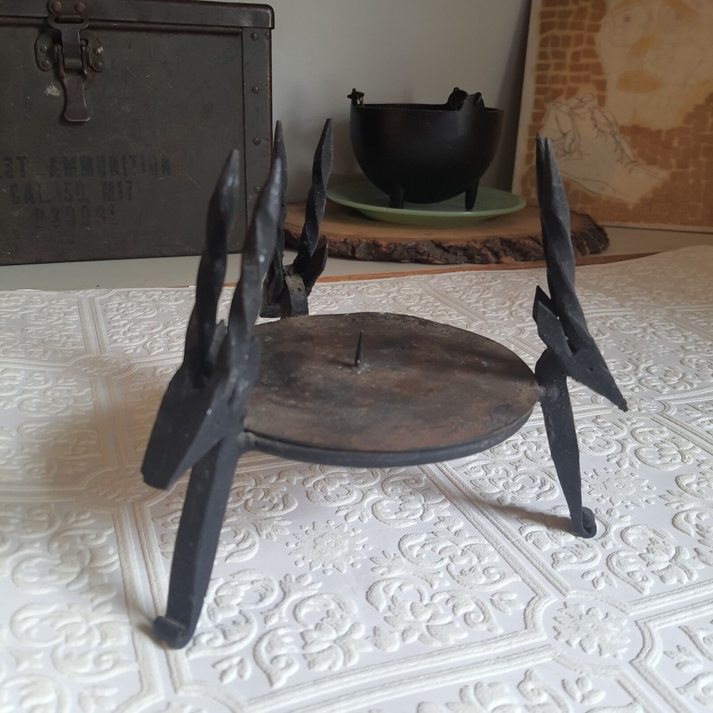 Vintage Candle Holder Pedestal Antelope Head Tripod Leg Forged Metal Rustic